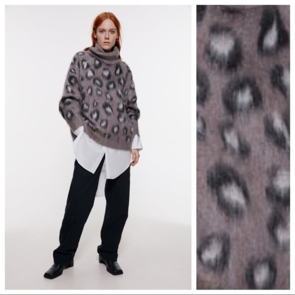 Zara Gray Leopard Print Cowl Neck Sweater